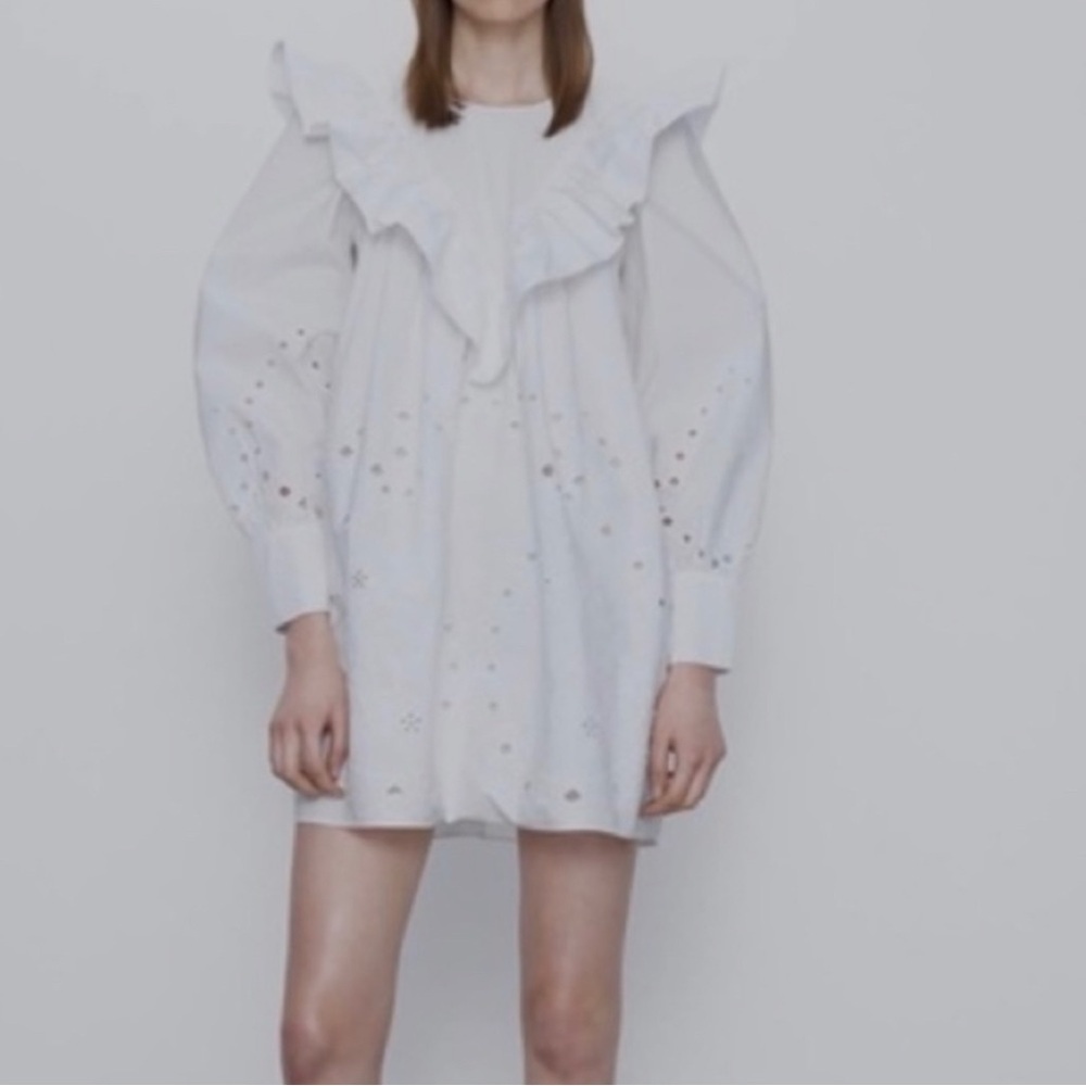 Zara Women Ruffle Openwork Embroidered White  Dress Bloggers Favorite, Medium